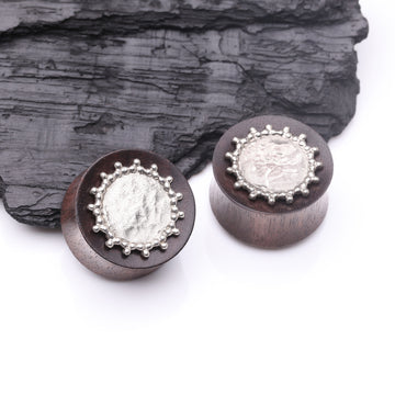 Detail View 1 of A Pair of Bali Cax Hammered White Brass Tiger Ebony Wood Double Flared Plug